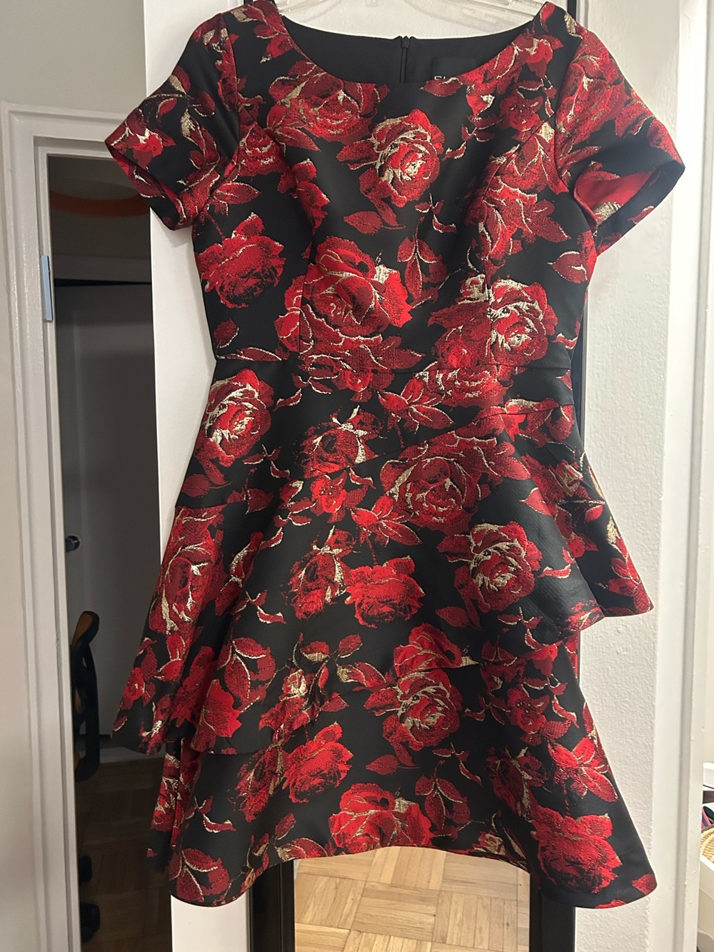 SHANI Black Dress with Red and Gold Floral Jacquard